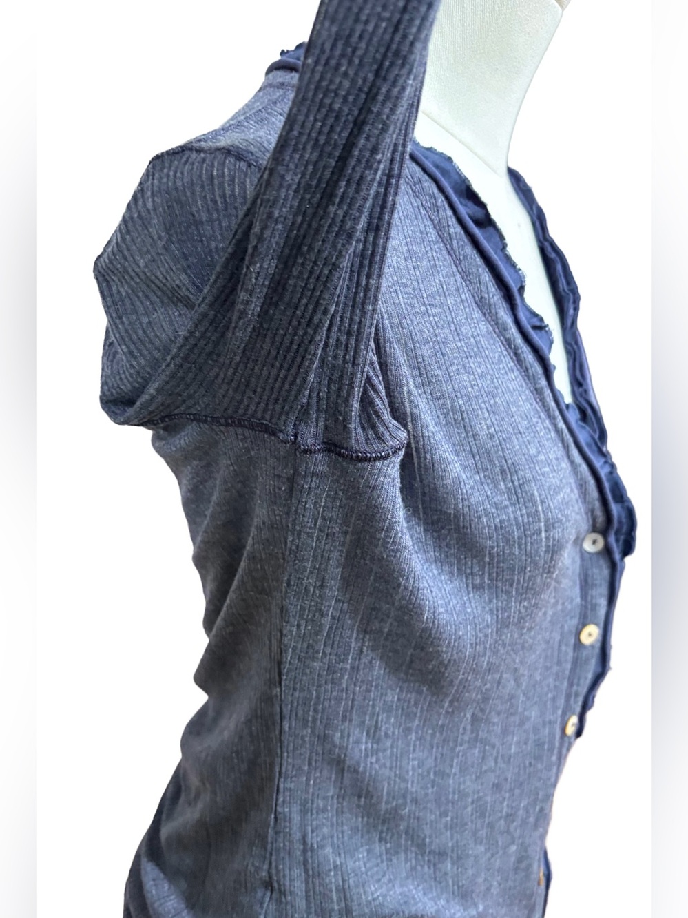 SPLENDID Navy Ribbed/Pointelle lacey Button-Front Cardigan, ribbon ruffle vneck - Picture 7 of 16